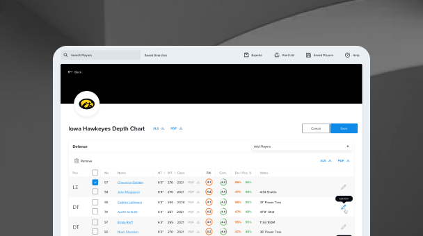 Tracking Football app preview of depth chart